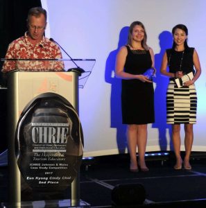 Dr. Cindy Choi (right) and co-author Imma Inna Soifer (center) were presented with the 2nd place award for their case study at the 2017 Annual ICHRIE Conference held in Baltimore, Maryland.